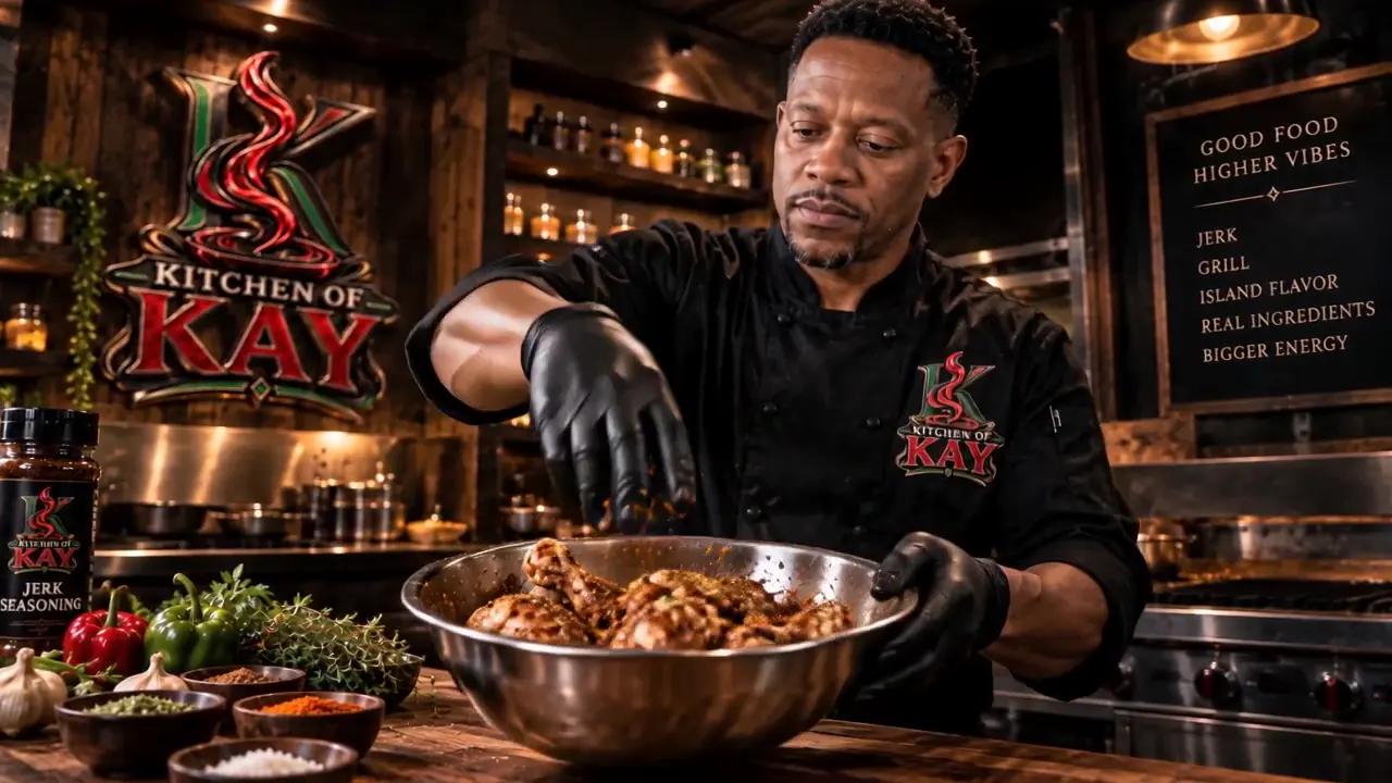 Chef Kay seasoning food in the Kitchen of Kay kitchen