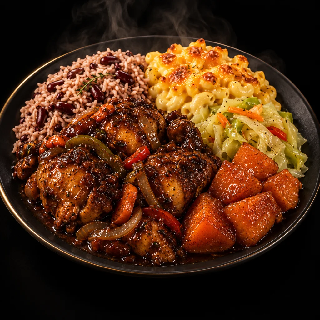 Brown stew chicken with rice and peas, cabbage, baked macaroni and candy yams on a black plate