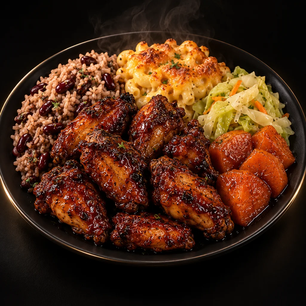 Eight glazed wings with rice and peas, cabbage, baked macaroni and candy yams on a black plate