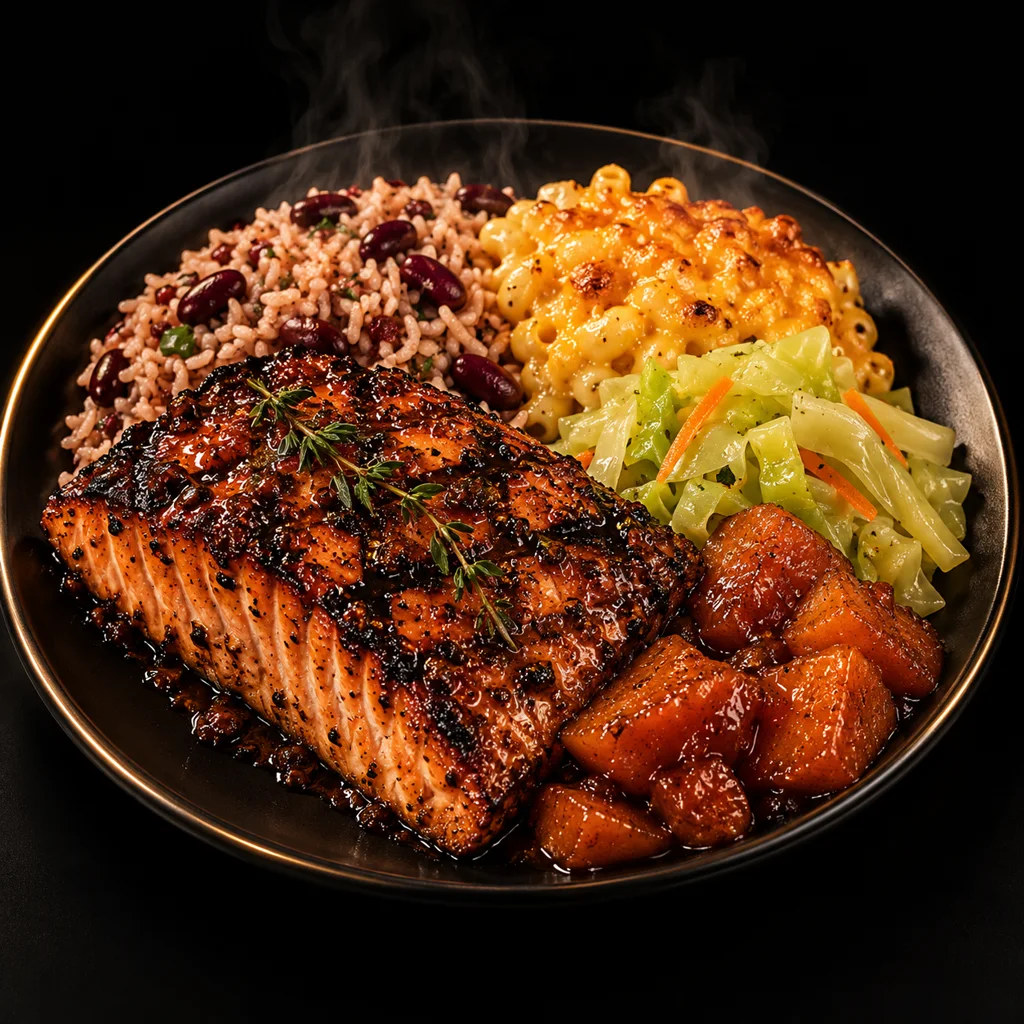 Jerk salmon with rice and peas, cabbage, baked macaroni and candy yams on a black plate