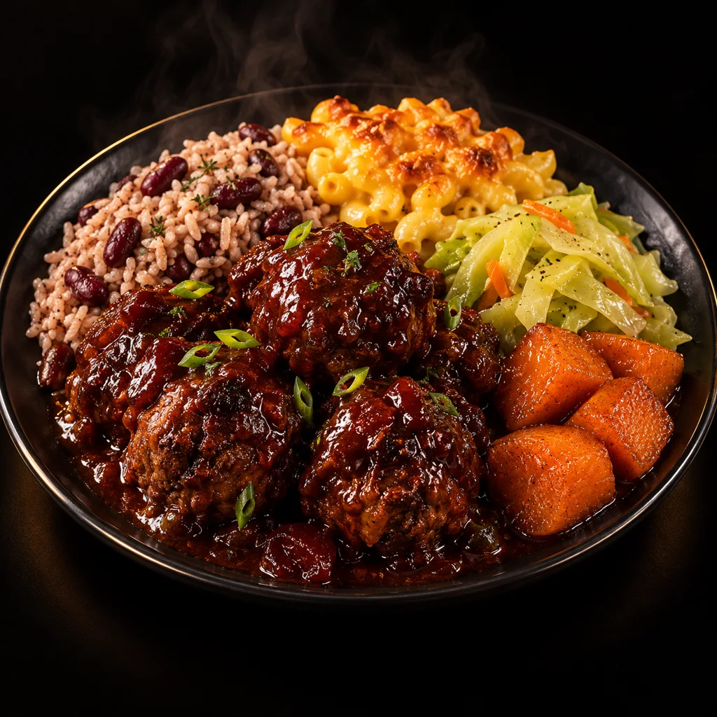 Meatballs in plum sauce with rice and peas, cabbage, baked macaroni and candy yams on a black plate