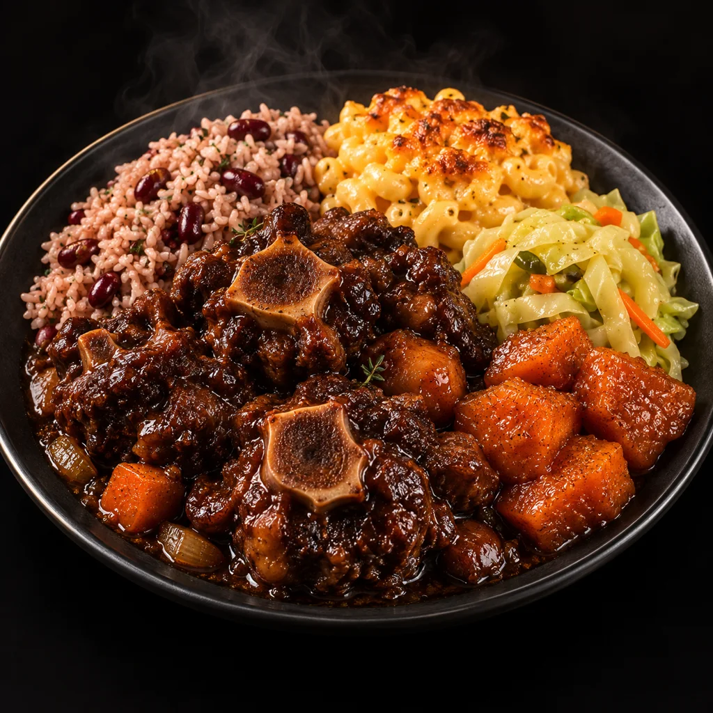 Slow-braised oxtails with rice and peas, cabbage, baked macaroni and candy yams on a black plate