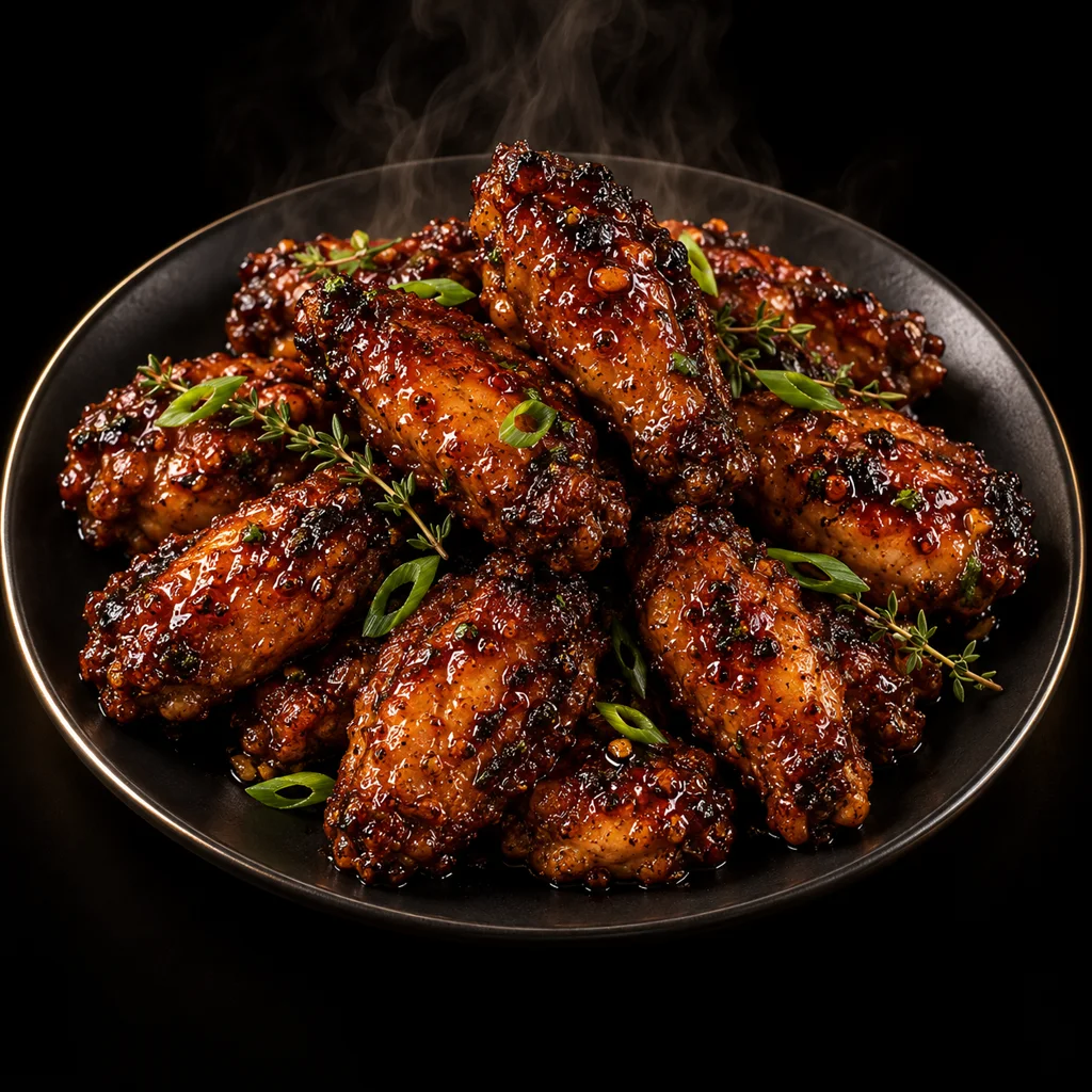 Twelve glazed wings arranged on a black plate